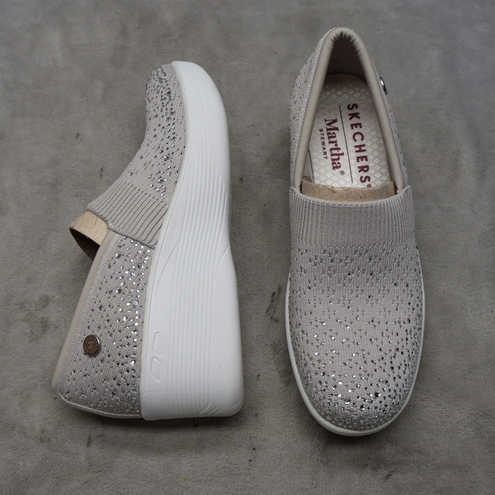 Skechers Women 6 Wedge Gray Martha Stewart Pier-Lite Slip-On Knit Rhinestone NEW